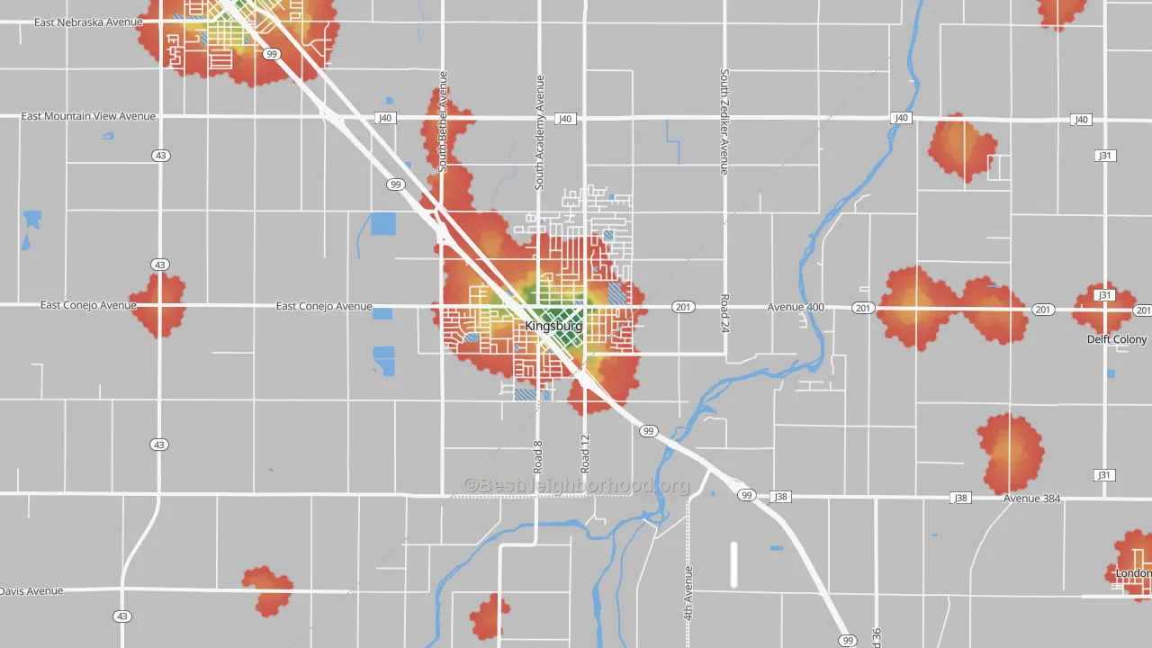Walk Grade map of 93631, CA, walkable areas in green and car-dependent areas in red