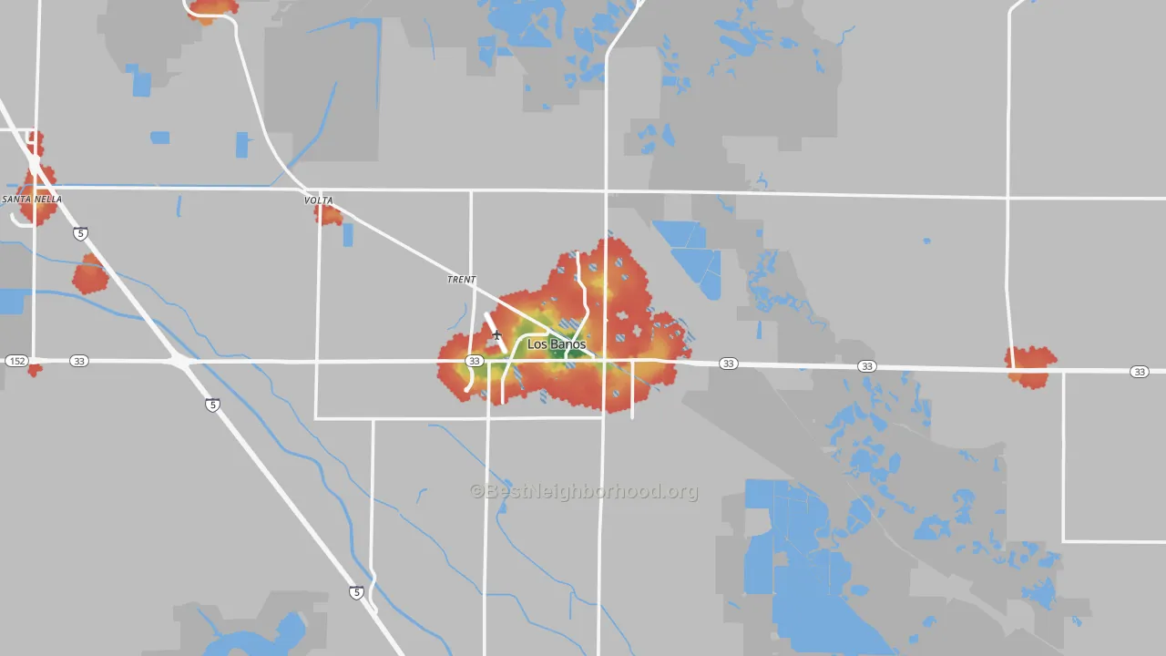 Walk Grade map of 93635, CA, walkable areas in green and car-dependent areas in red