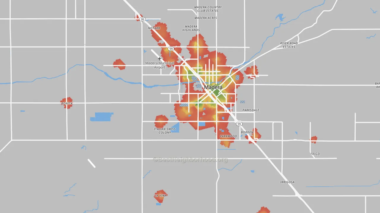 Walk Grade map of 93637, CA, walkable areas in green and car-dependent areas in red