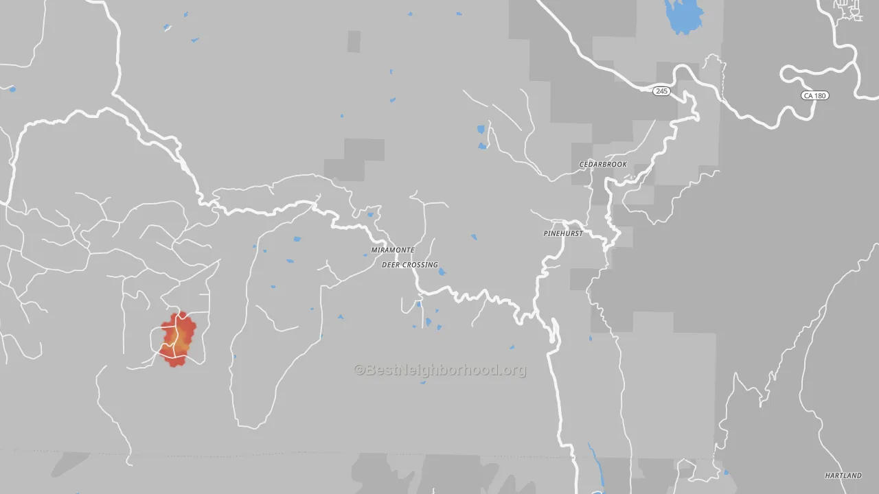 Walk Grade map of 93641, CA, walkable areas in green and car-dependent areas in red