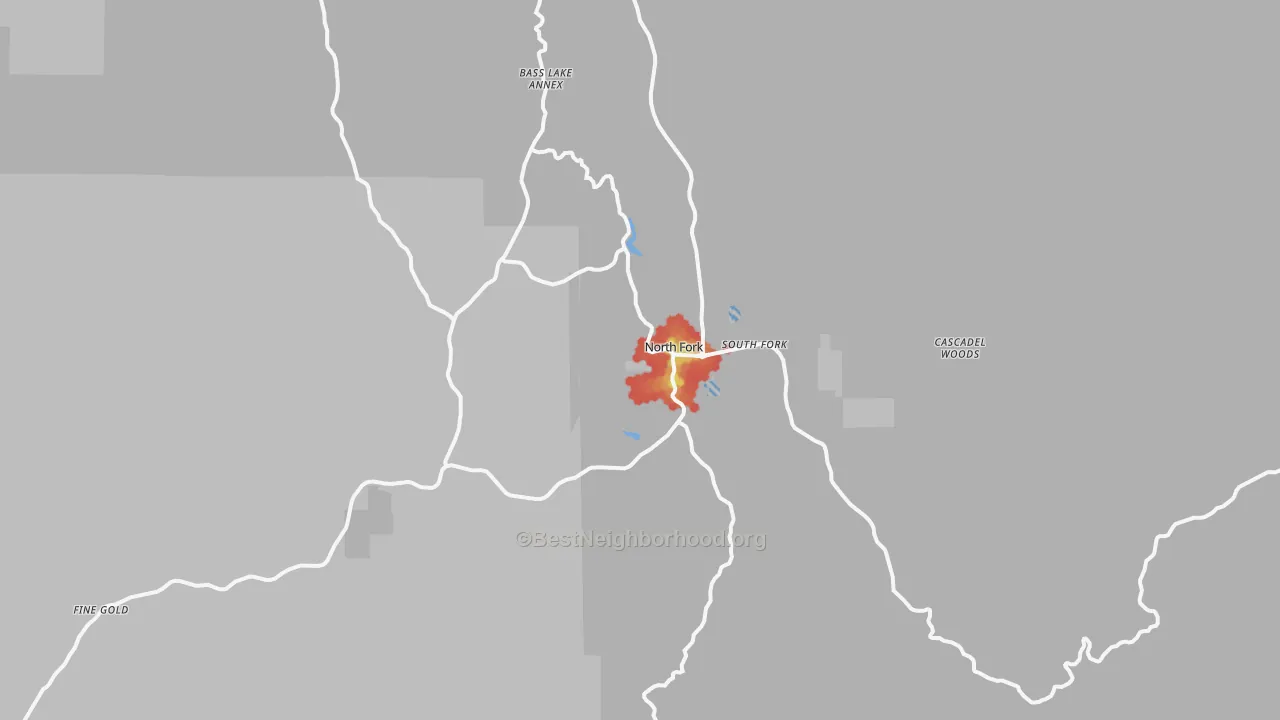 Walk Grade map of 93643, CA, walkable areas in green and car-dependent areas in red