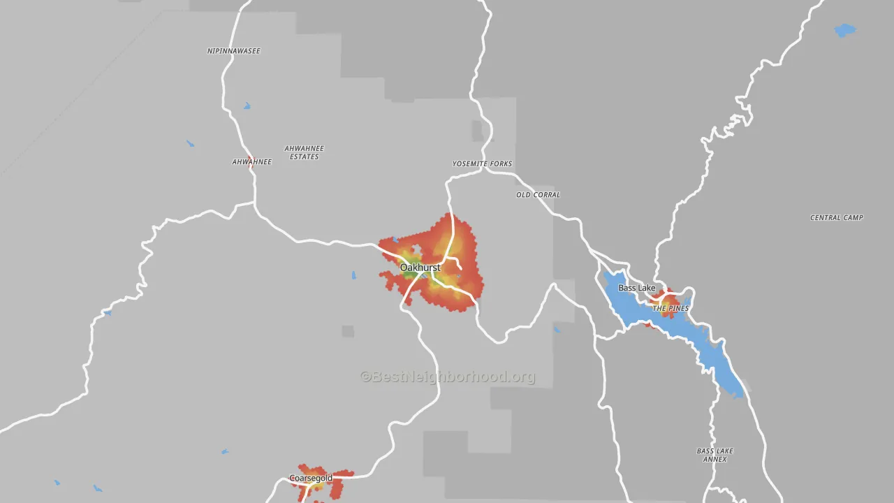 Walk Grade map of 93644, CA, walkable areas in green and car-dependent areas in red