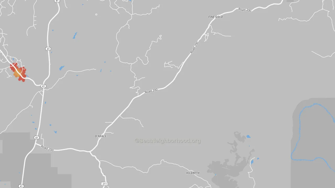 Walk Grade map of 93645, CA, walkable areas in green and car-dependent areas in red