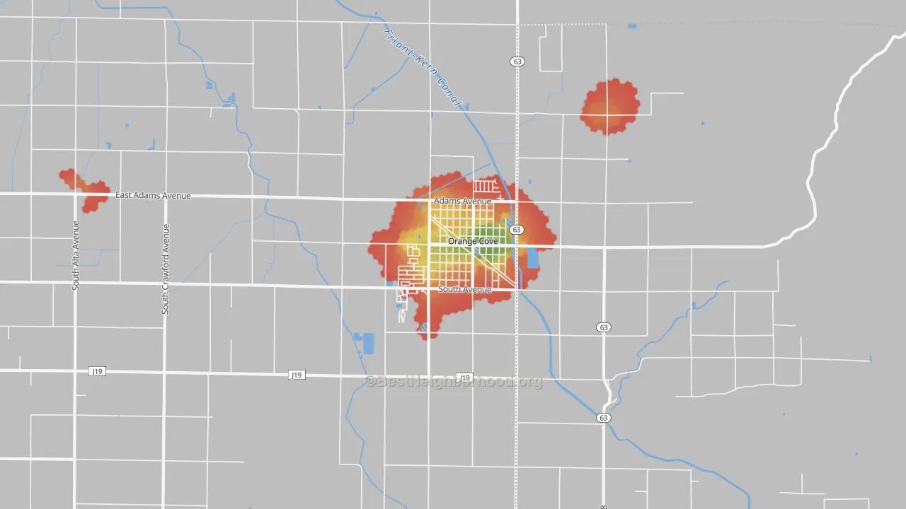 Walk Grade map of 93646, CA, walkable areas in green and car-dependent areas in red