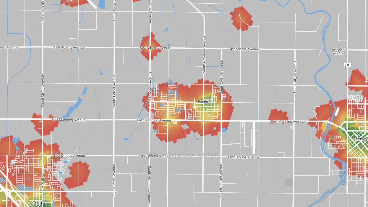 Walk Grade map of 93648, CA, walkable areas in green and car-dependent areas in red