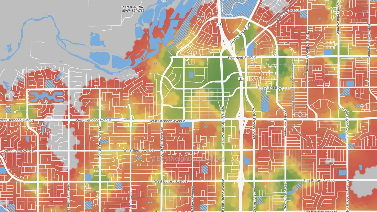 Walk Grade map of 93650, CA, walkable areas in green and car-dependent areas in red