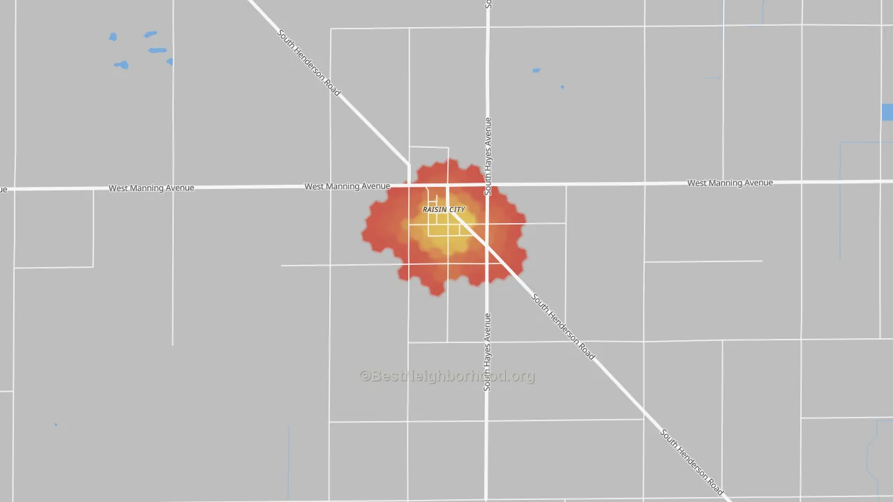 Walk Grade map of 93652, CA, walkable areas in green and car-dependent areas in red