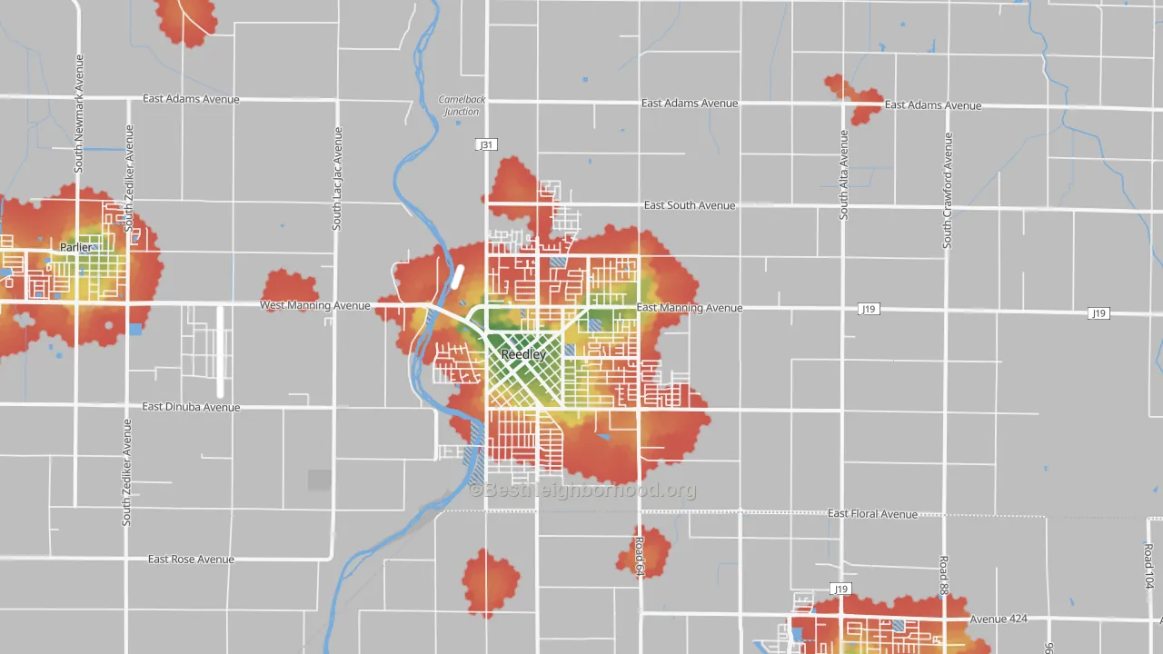 Walk Grade map of 93654, CA, walkable areas in green and car-dependent areas in red