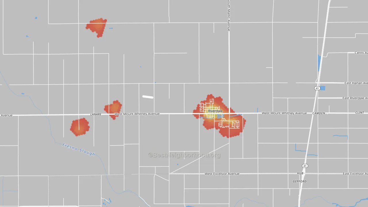 Walk Grade map of 93656, CA, walkable areas in green and car-dependent areas in red
