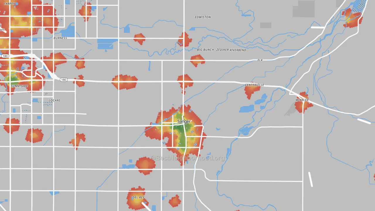 Walk Grade map of 93657, CA, walkable areas in green and car-dependent areas in red