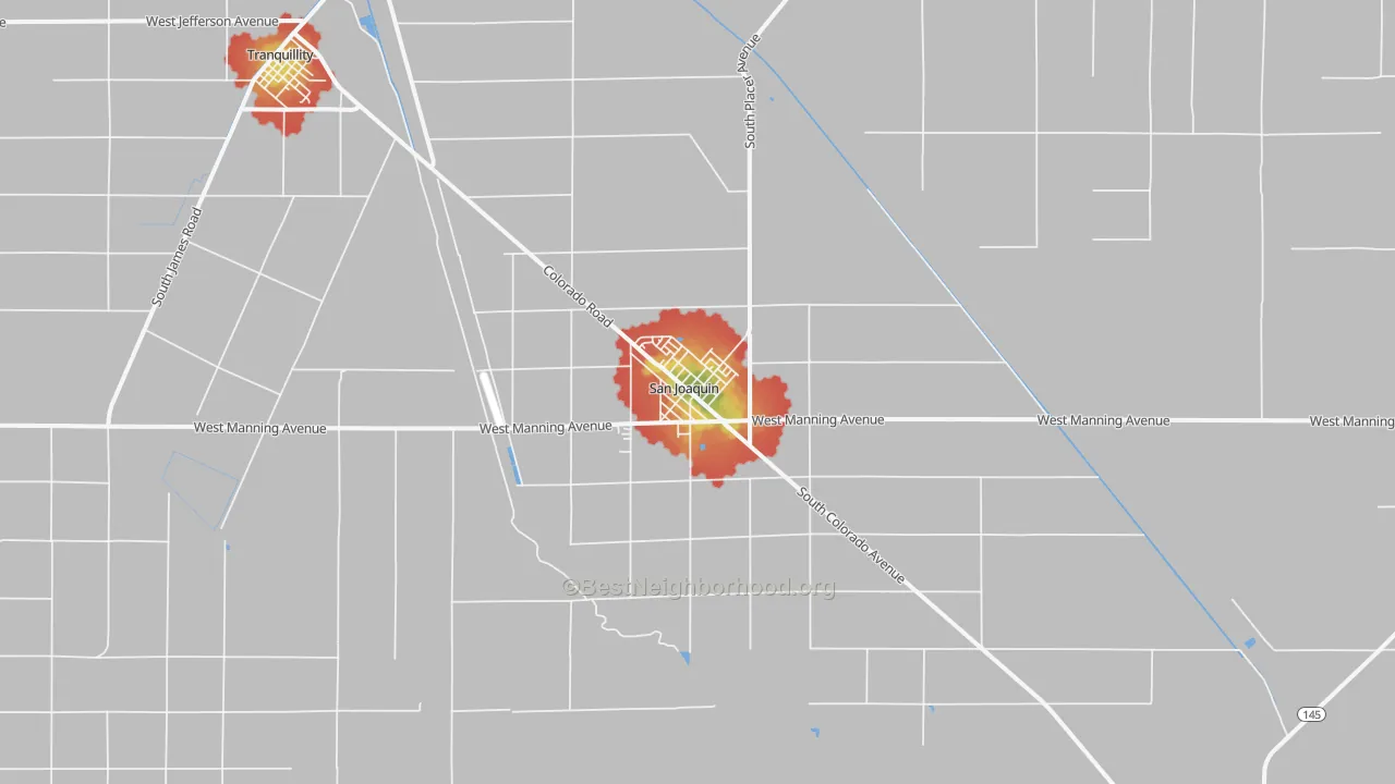 Walk Grade map of 93660, CA, walkable areas in green and car-dependent areas in red
