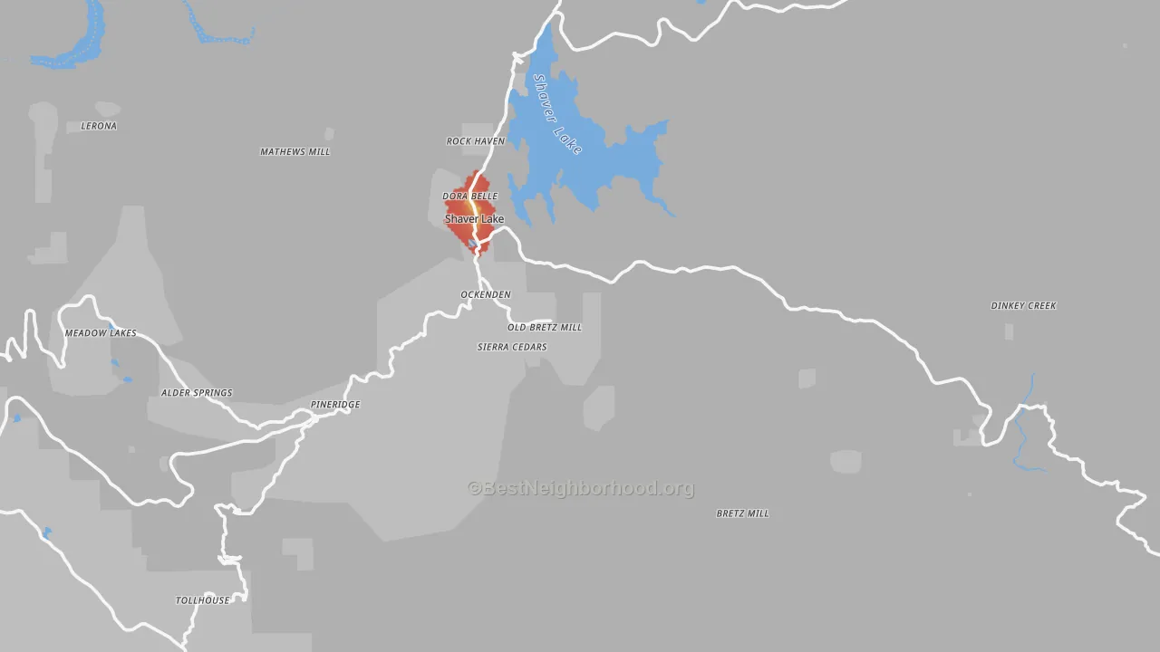 Walk Grade map of 93664, CA, walkable areas in green and car-dependent areas in red