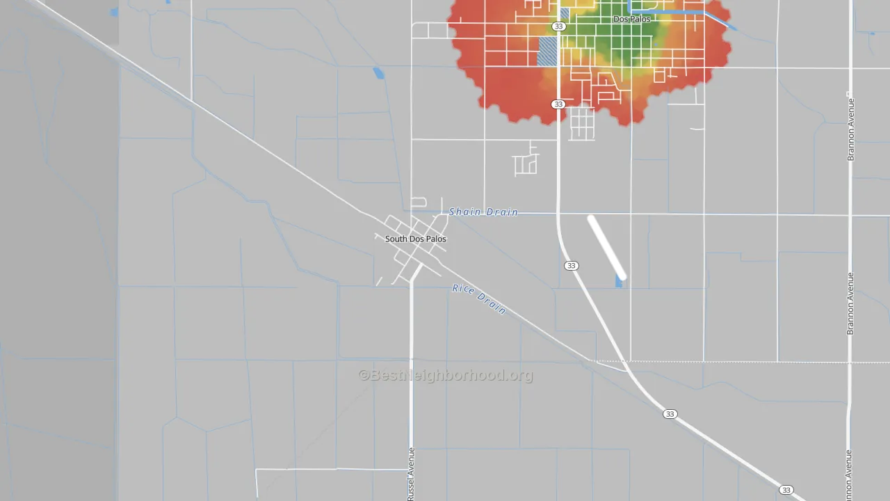 Walk Grade map of 93665, CA, walkable areas in green and car-dependent areas in red