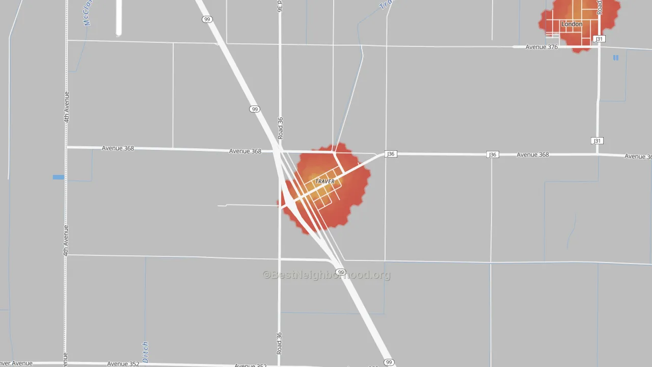 Walk Grade map of 93673, CA, walkable areas in green and car-dependent areas in red