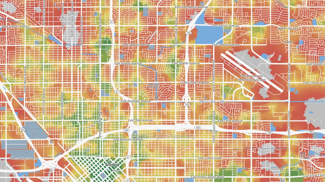 Walk Grade map of 93703, CA, walkable areas in green and car-dependent areas in red