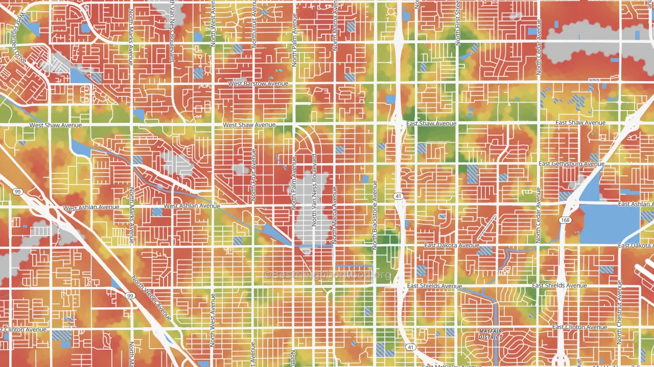 Walk Grade map of 93704, CA, walkable areas in green and car-dependent areas in red