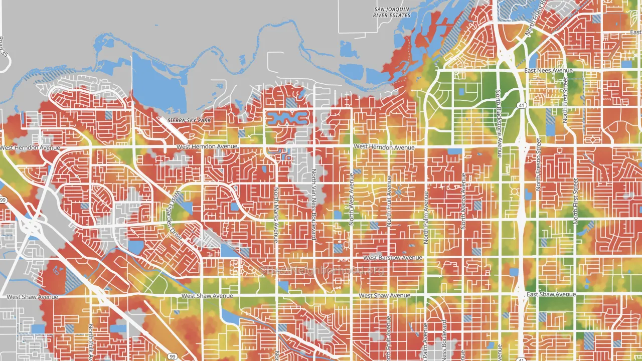 Walk Grade map of 93711, CA, walkable areas in green and car-dependent areas in red