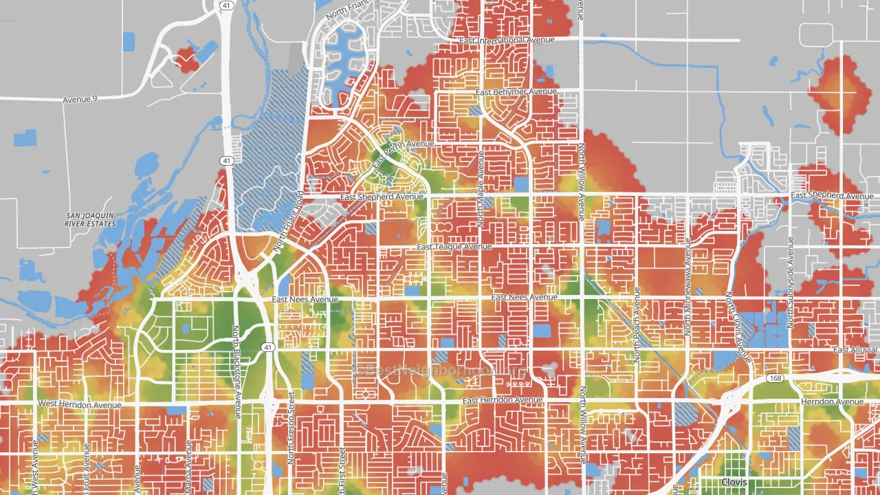 Walk Grade map of 93720, CA, walkable areas in green and car-dependent areas in red