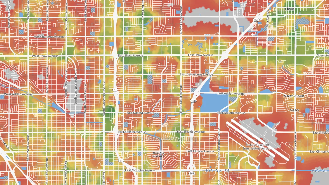 Walk Grade map of 93726, CA, walkable areas in green and car-dependent areas in red