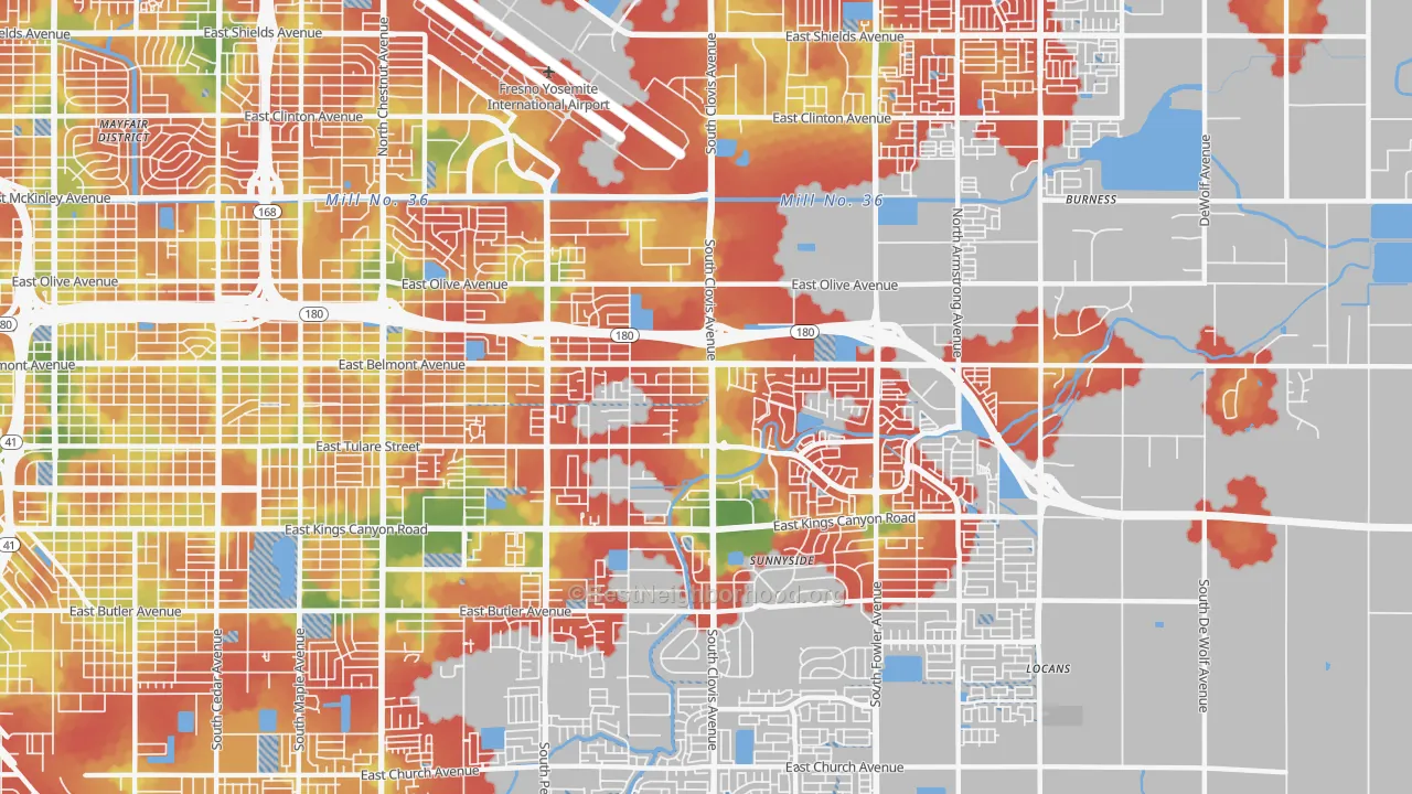 Walk Grade map of 93727, CA, walkable areas in green and car-dependent areas in red