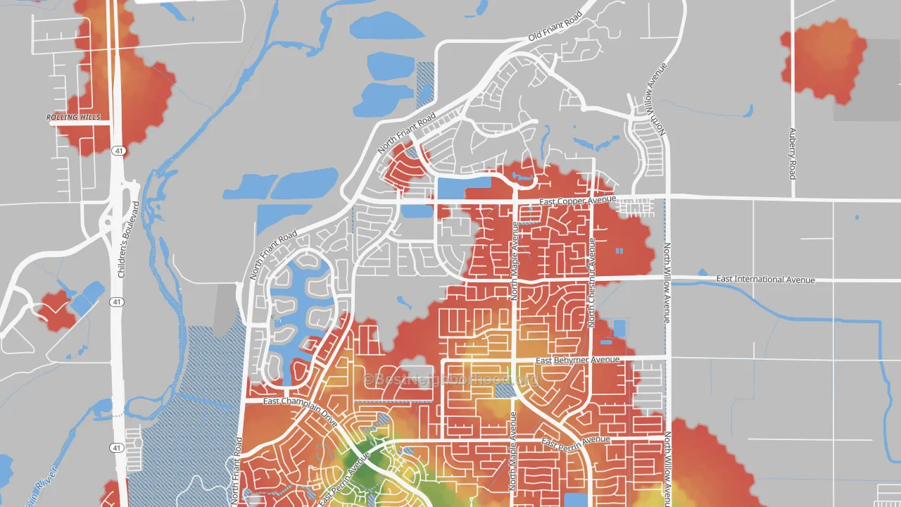 Walk Grade map of 93730, CA, walkable areas in green and car-dependent areas in red