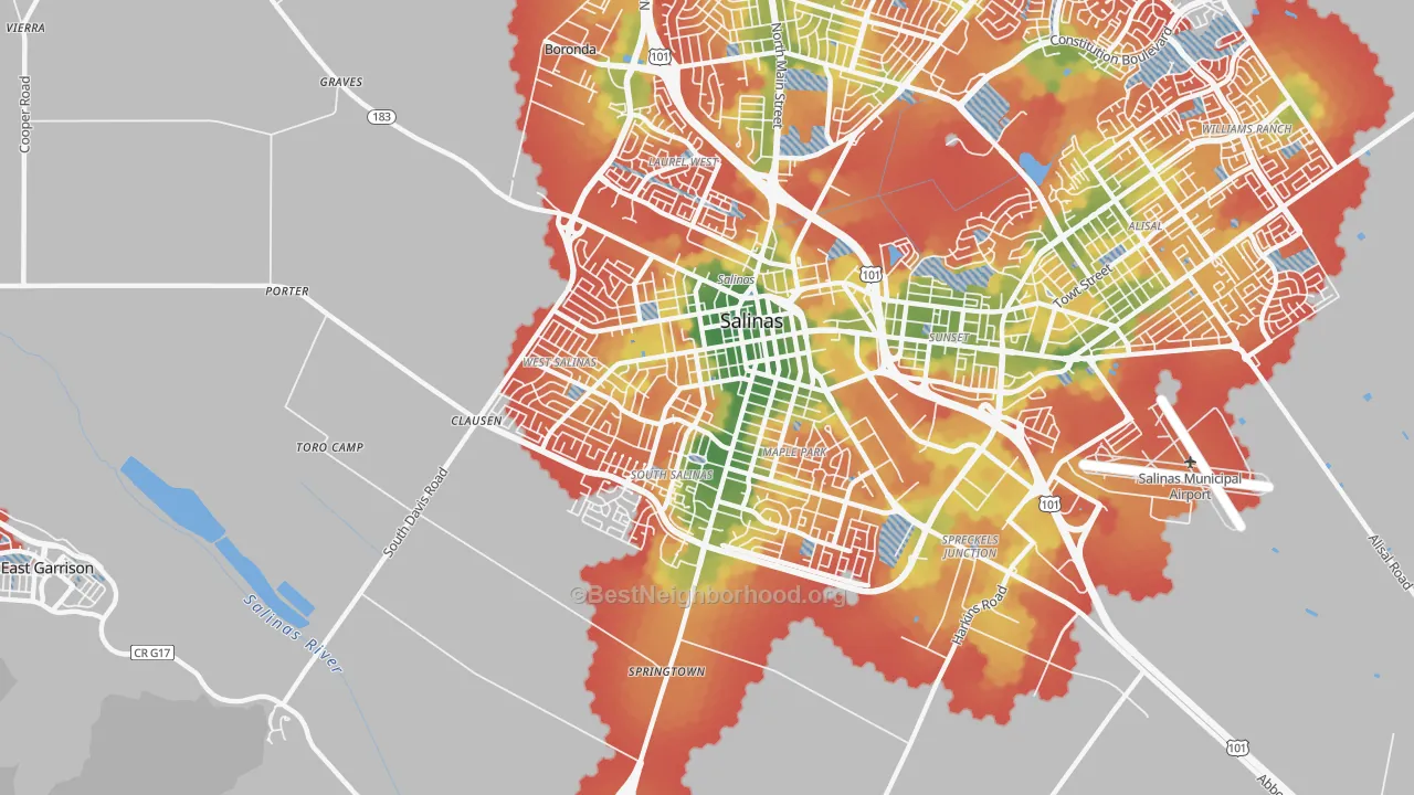 Walk Grade map of 93901, CA, walkable areas in green and car-dependent areas in red
