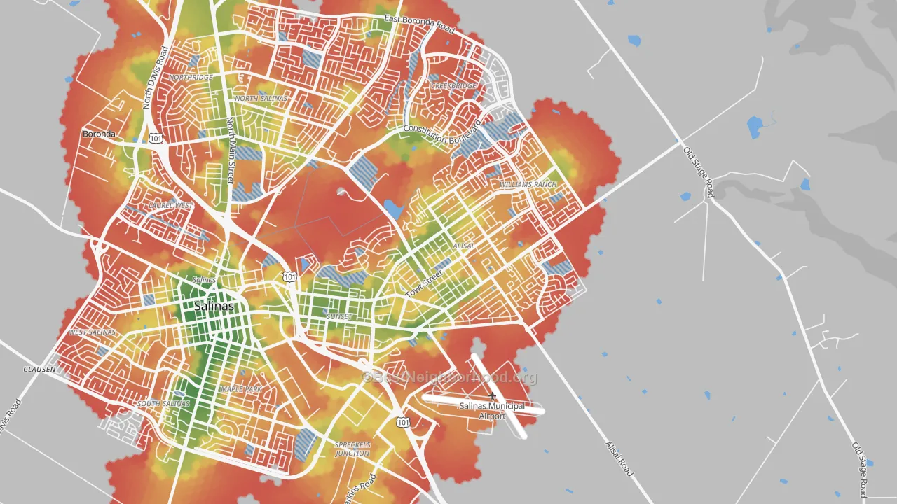 Walk Grade map of 93905, CA, walkable areas in green and car-dependent areas in red