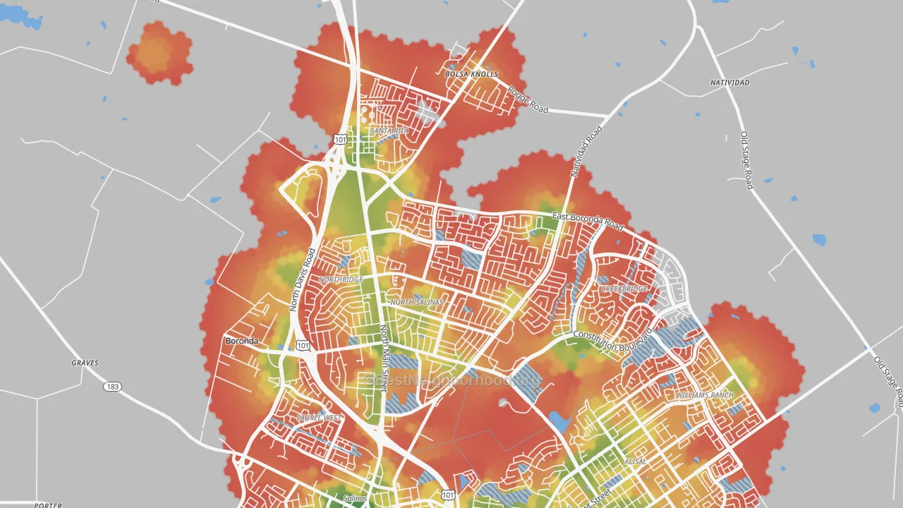 Walk Grade map of 93906, CA, walkable areas in green and car-dependent areas in red