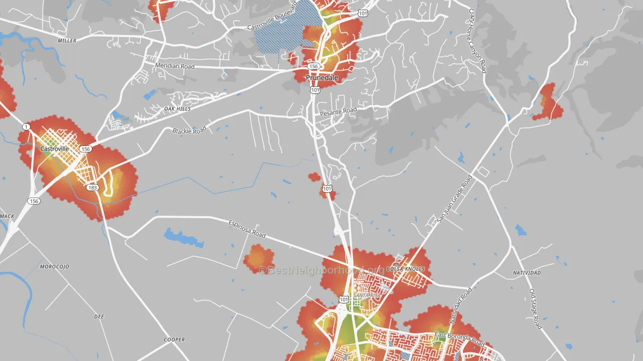 Walk Grade map of 93907, CA, walkable areas in green and car-dependent areas in red