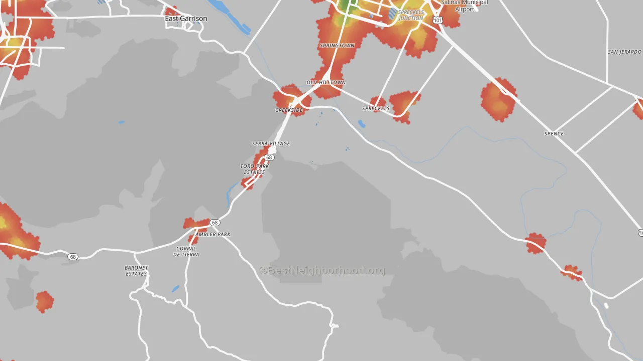 Walk Grade map of 93908, CA, walkable areas in green and car-dependent areas in red