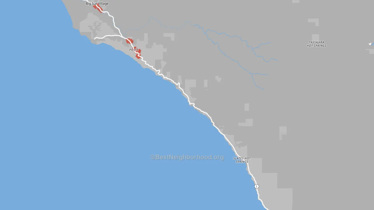 Walk Grade map of 93920, CA, walkable areas in green and car-dependent areas in red