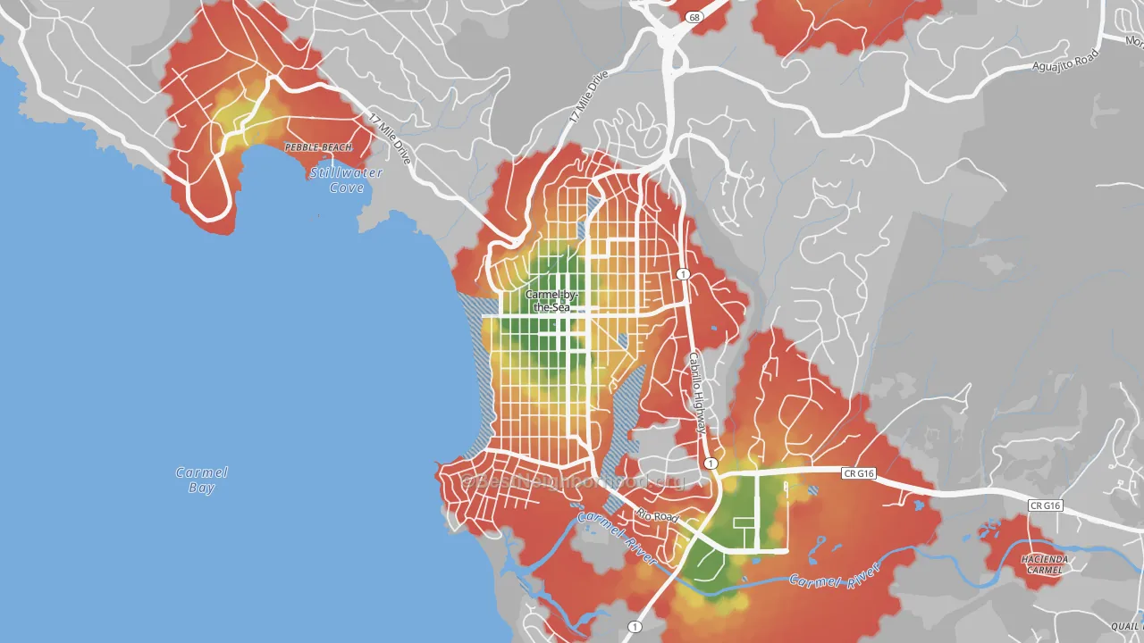 Walk Grade map of 93921, CA, walkable areas in green and car-dependent areas in red