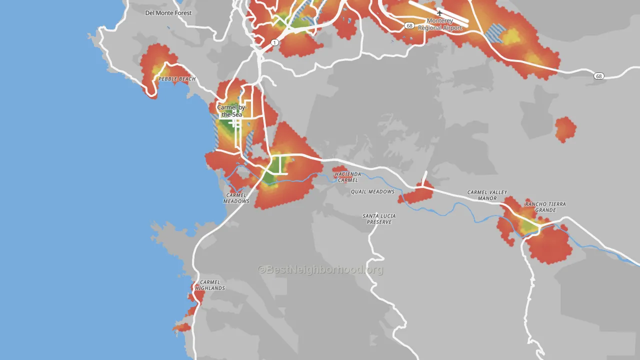 Walk Grade map of 93923, CA, walkable areas in green and car-dependent areas in red