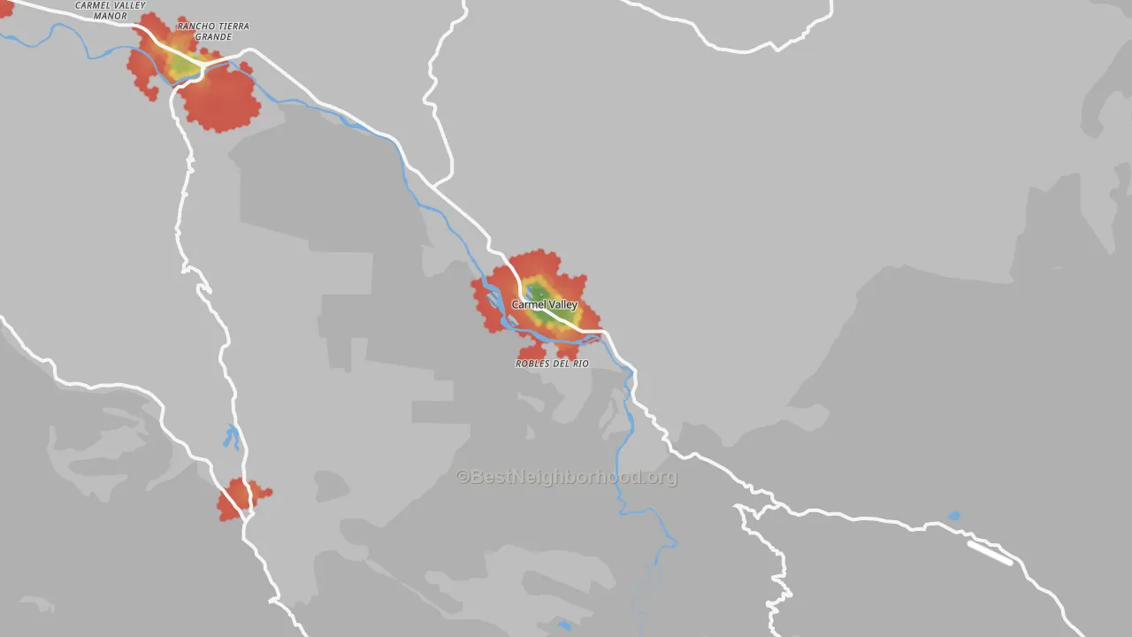Walk Grade map of 93924, CA, walkable areas in green and car-dependent areas in red