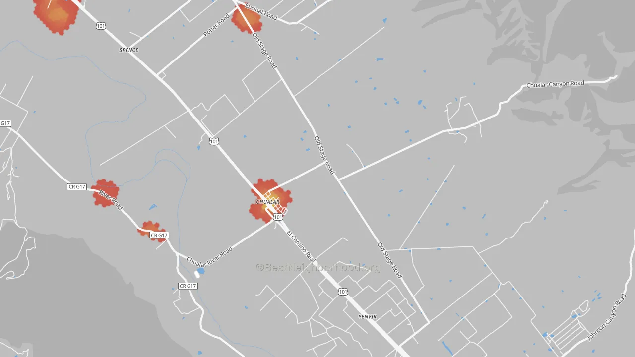 Walk Grade map of 93925, CA, walkable areas in green and car-dependent areas in red