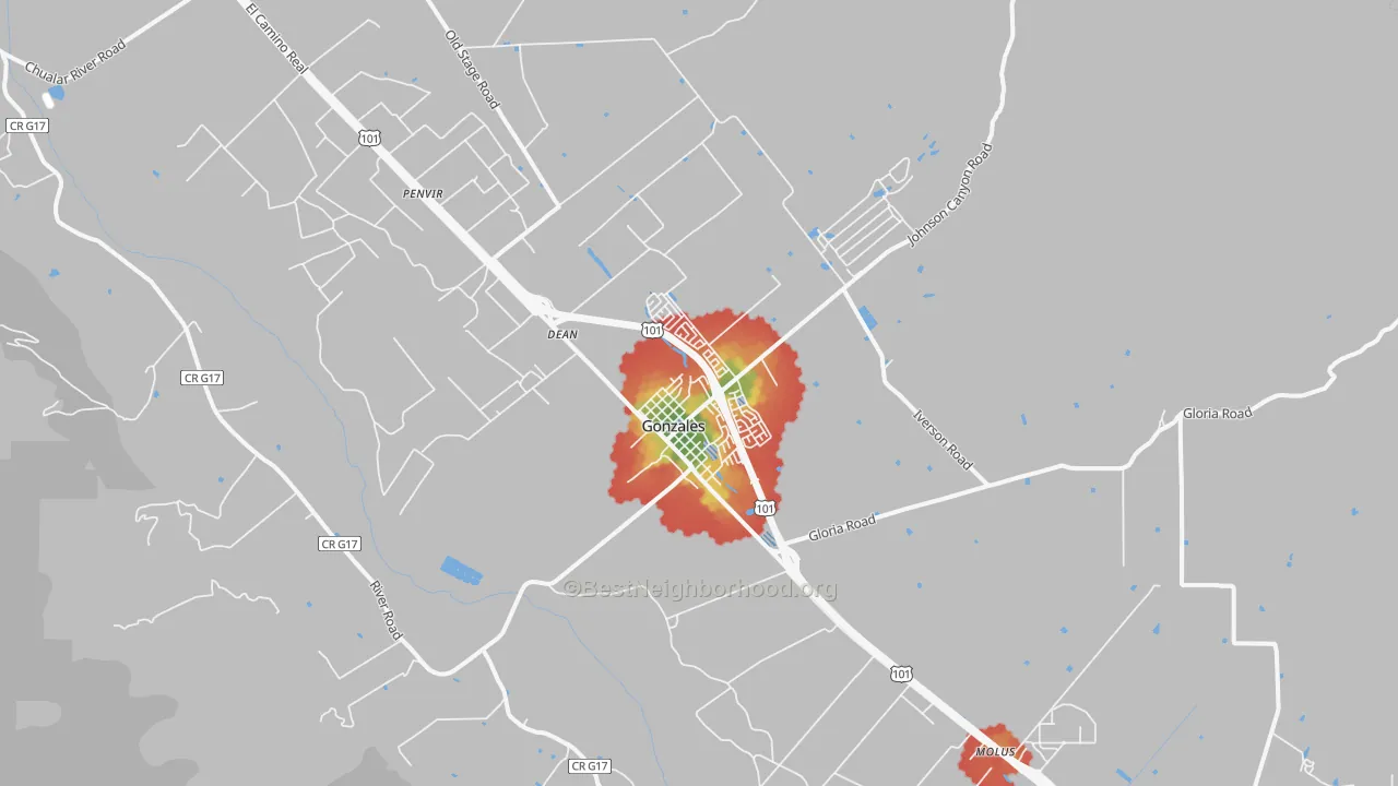 Walk Grade map of 93926, CA, walkable areas in green and car-dependent areas in red