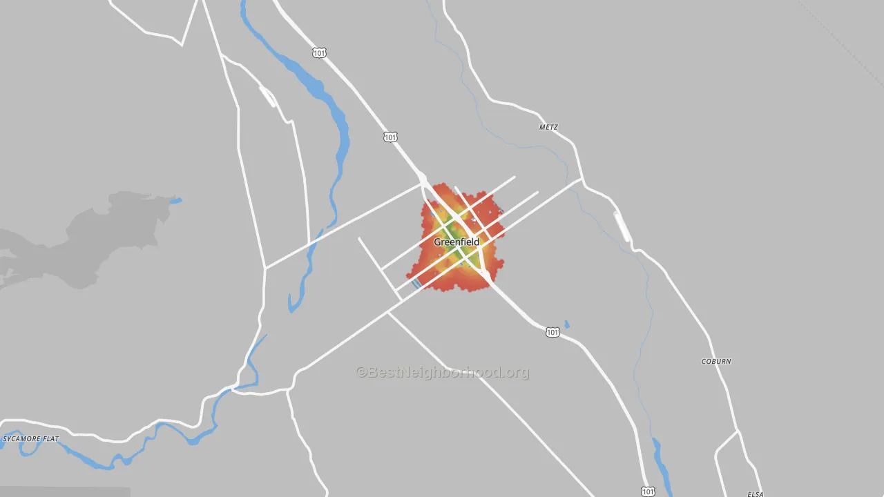 Walk Grade map of 93927, CA, walkable areas in green and car-dependent areas in red