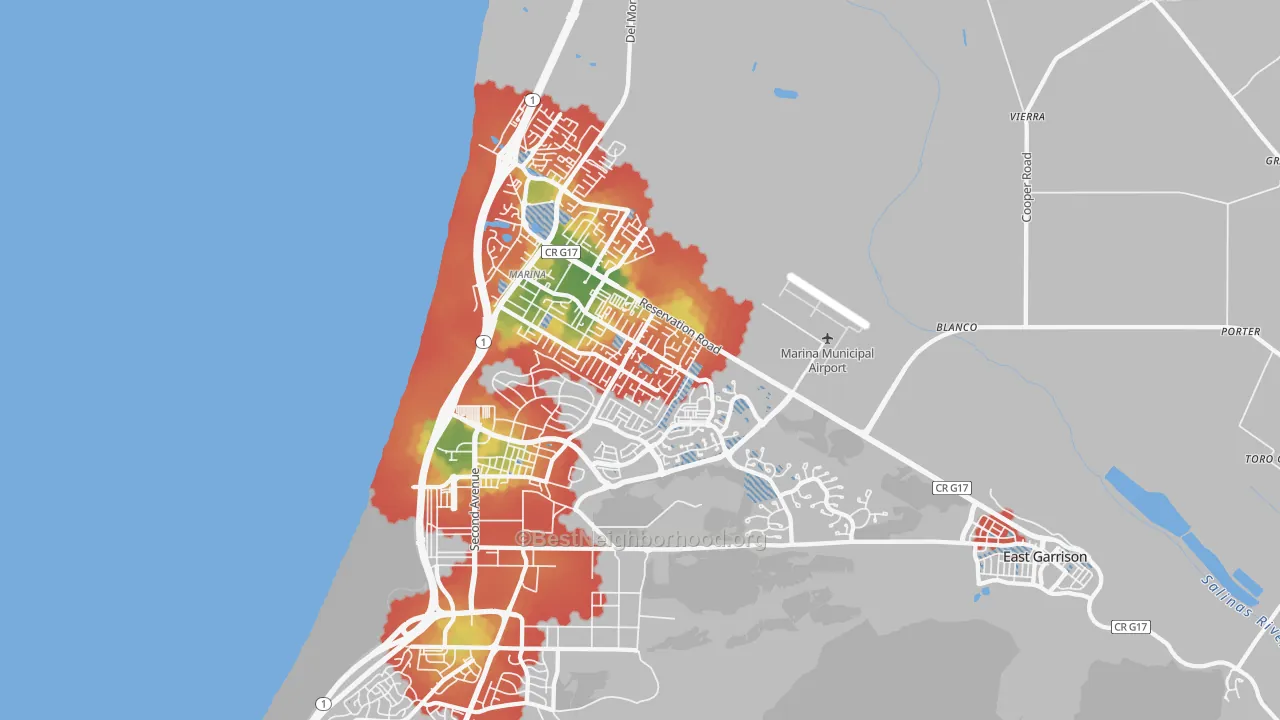 Walk Grade map of 93933, CA, walkable areas in green and car-dependent areas in red