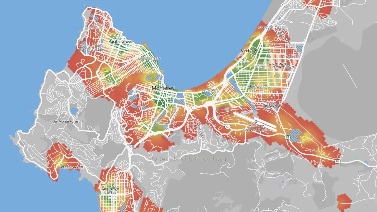 Walk Grade map of 93940, CA, walkable areas in green and car-dependent areas in red