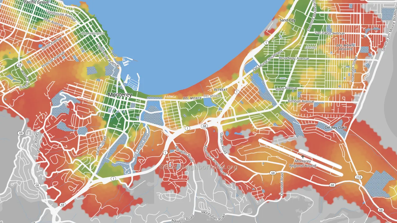 Walk Grade map of 93943, CA, walkable areas in green and car-dependent areas in red