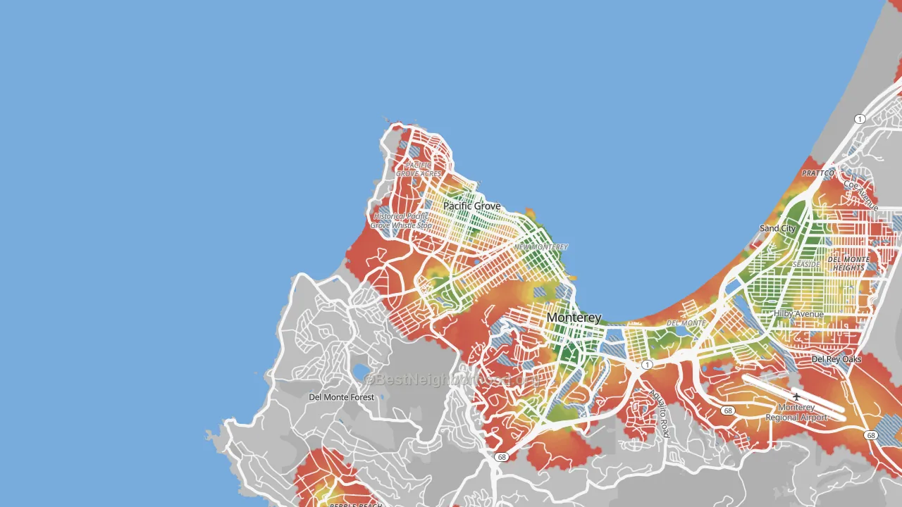 Walk Grade map of 93950, CA, walkable areas in green and car-dependent areas in red