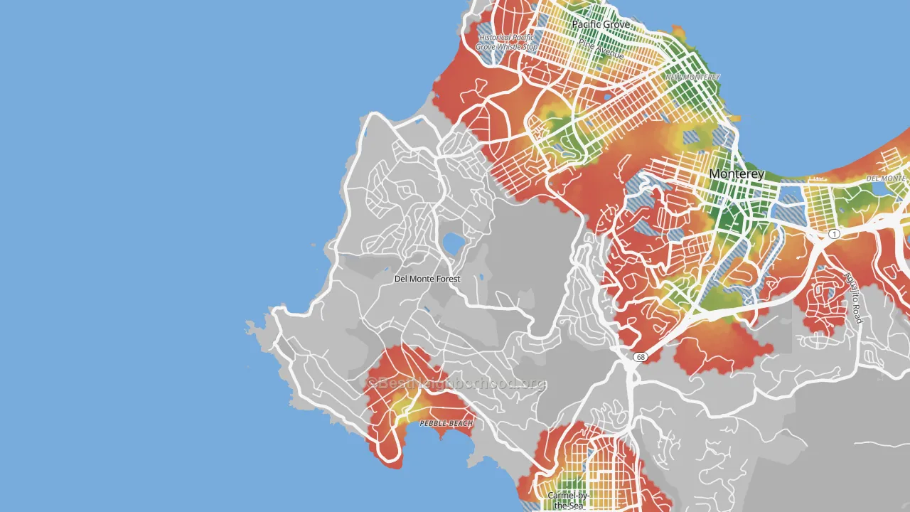 Walk Grade map of 93953, CA, walkable areas in green and car-dependent areas in red