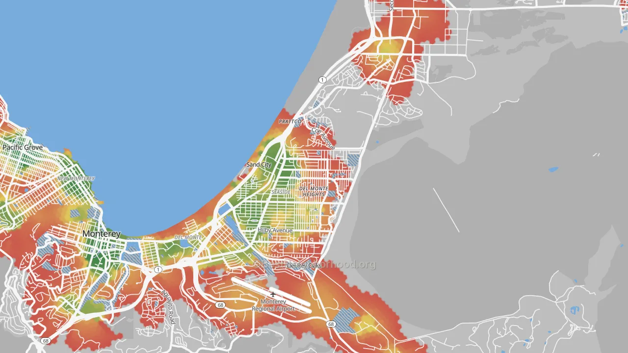 Walk Grade map of 93955, CA, walkable areas in green and car-dependent areas in red