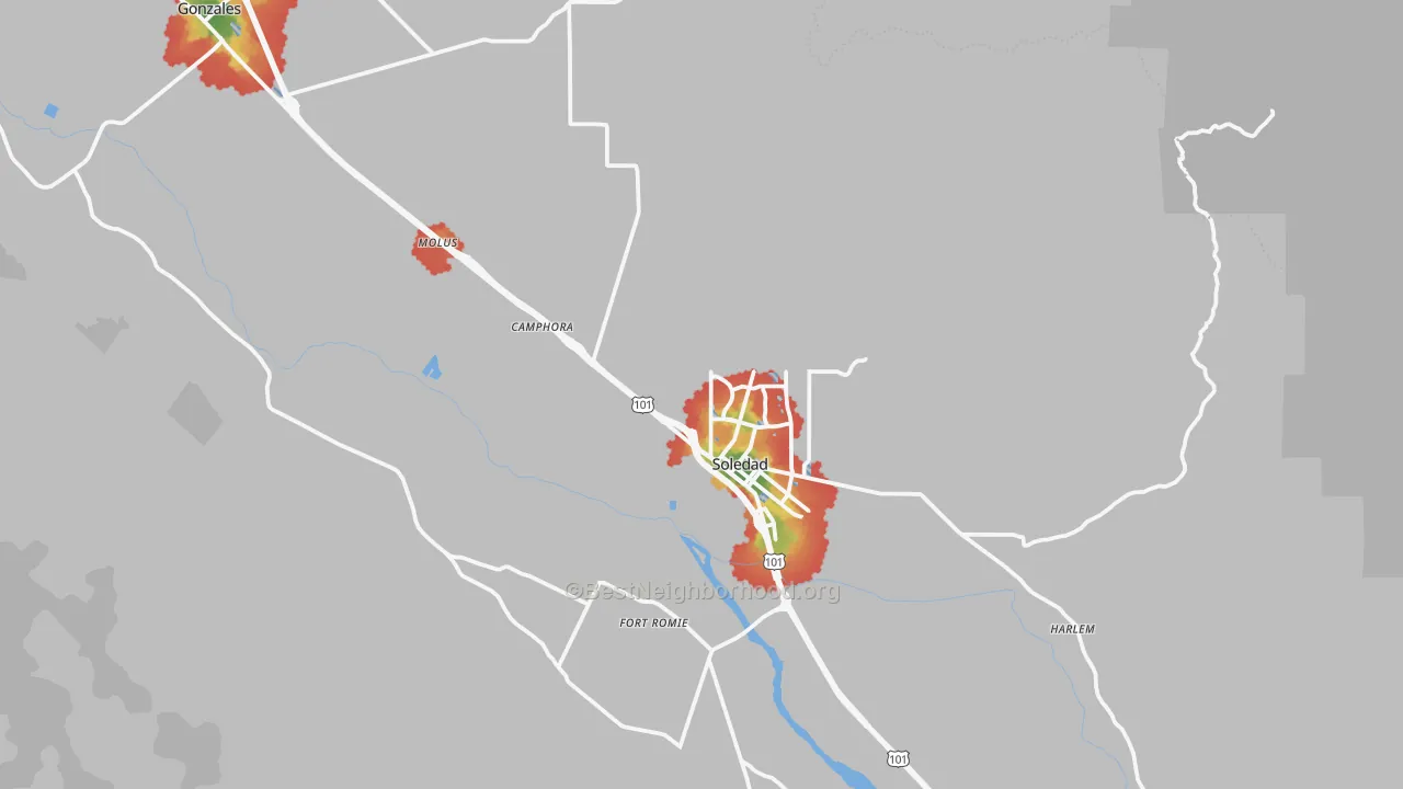 Walk Grade map of 93960, CA, walkable areas in green and car-dependent areas in red
