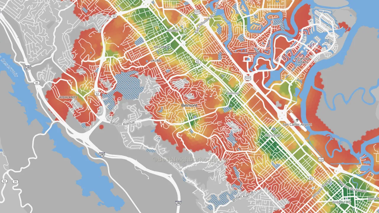 Walk Grade map of 94002, CA, walkable areas in green and car-dependent areas in red
