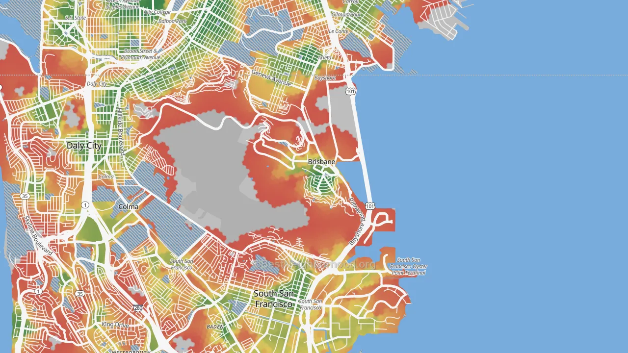 Walk Grade map of 94005, CA, walkable areas in green and car-dependent areas in red