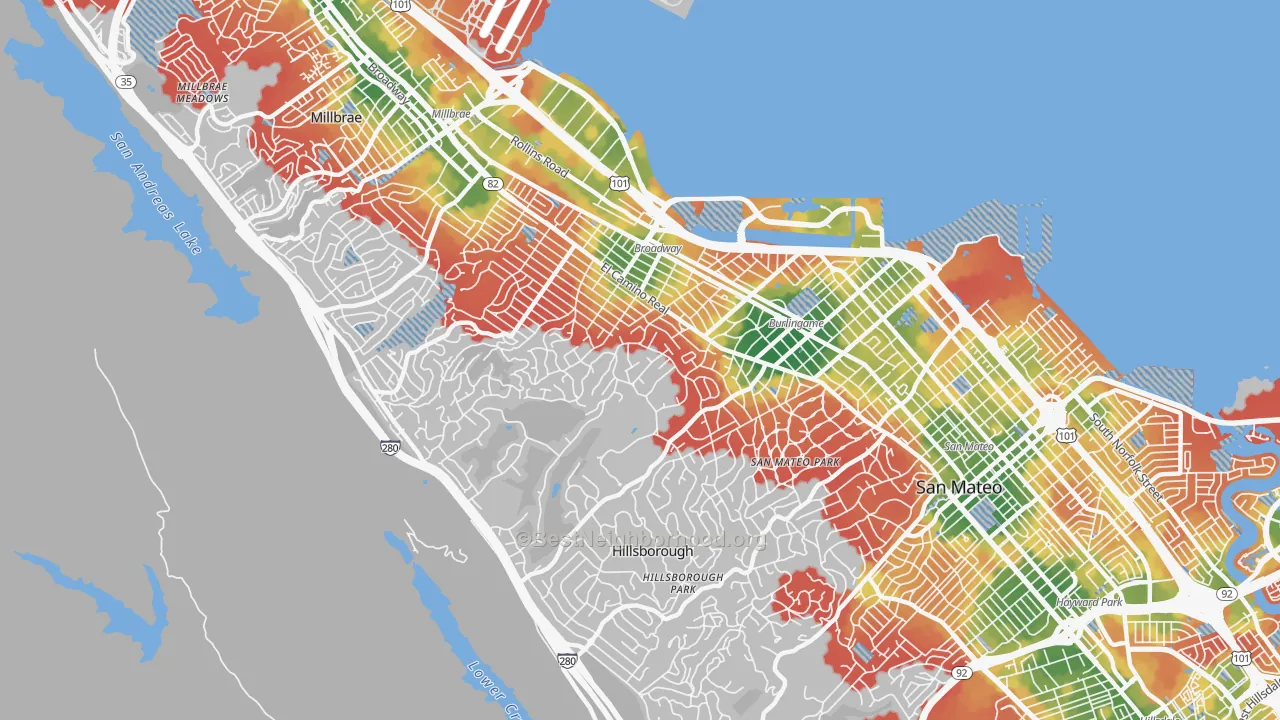 Walk Grade map of 94010, CA, walkable areas in green and car-dependent areas in red