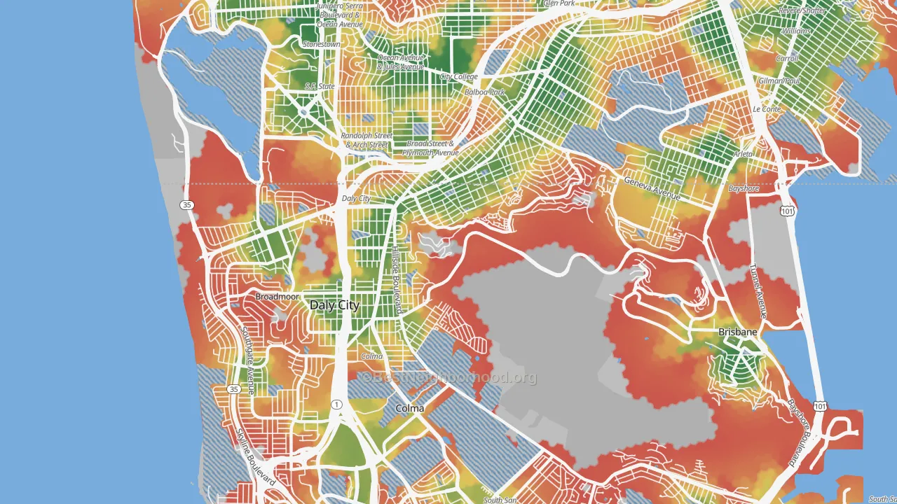 Walk Grade map of 94014, CA, walkable areas in green and car-dependent areas in red