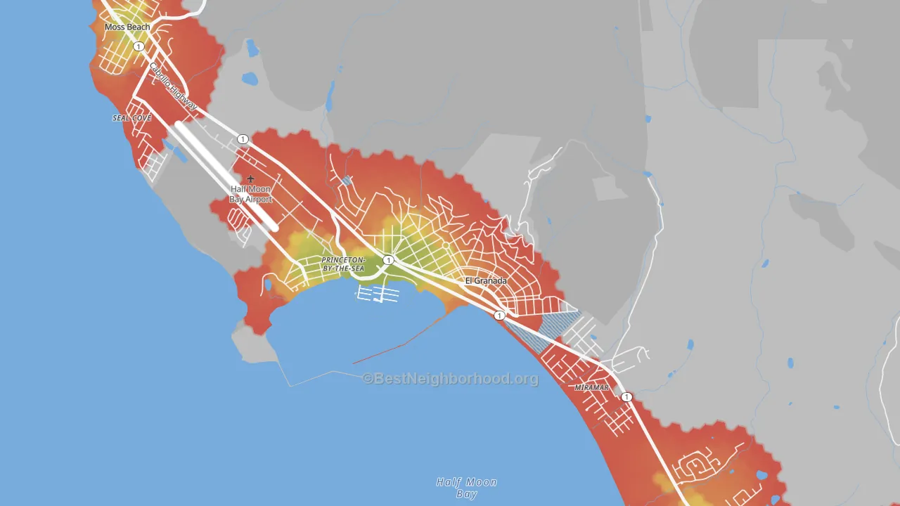 Walk Grade map of 94018, CA, walkable areas in green and car-dependent areas in red