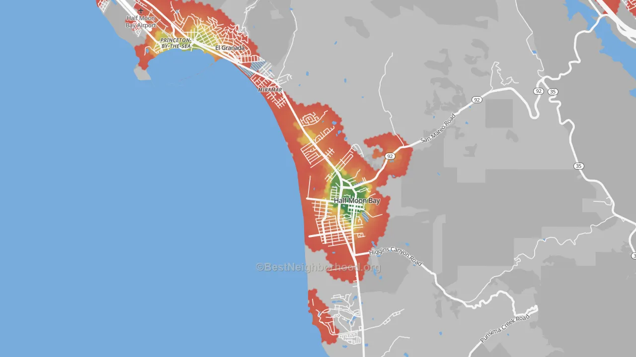 Walk Grade map of 94019, CA, walkable areas in green and car-dependent areas in red
